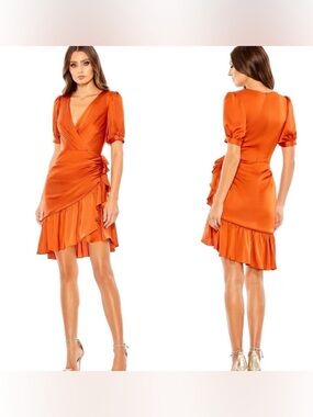 MAC DUGGAL 26928 DRESS Rust Orange Wrap Ruffle Dress  Sz 2